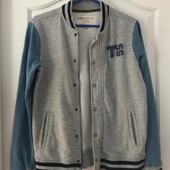 TRIPLE FIVE SOUL Varsity Style Gray/Blue Full Zip Jacket Pockets 14/16 (… - Picture 1 of 7